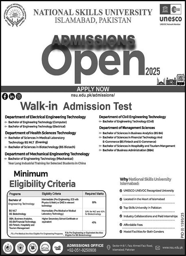 Admission Open in National Skills University Islamabad